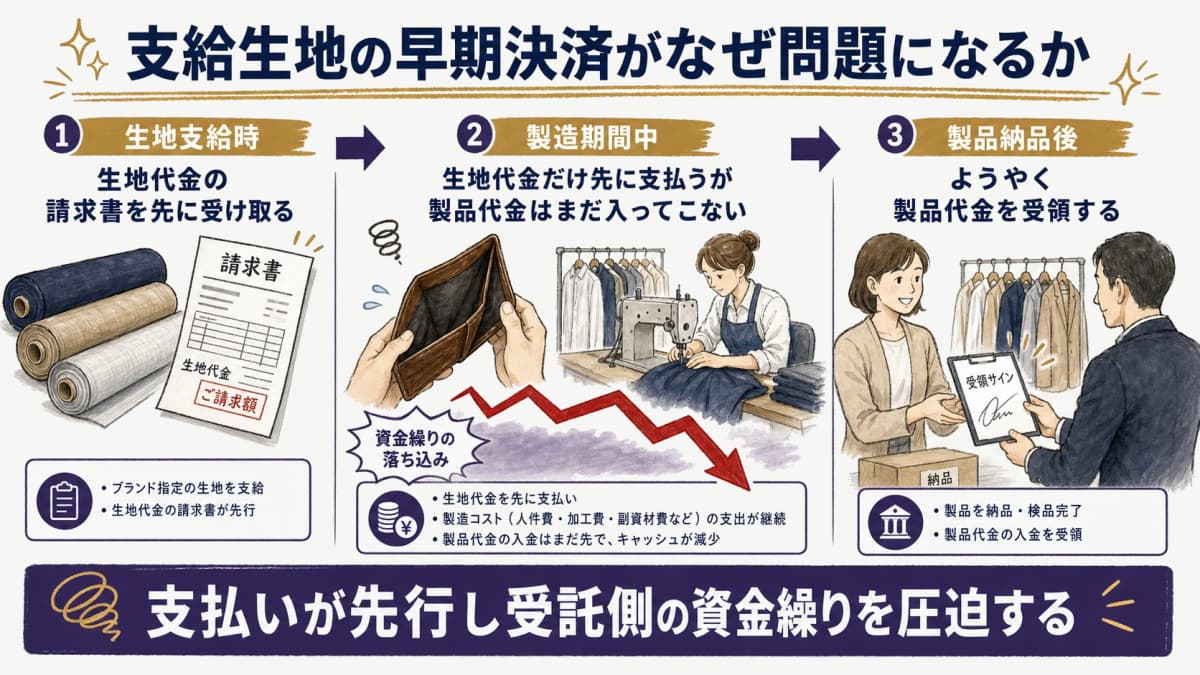 ブランドの支給生地の代金を製品代金の受領前に回収する早期決済が、受託側の資金繰りを圧迫する構造を示した図