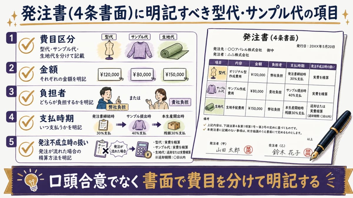 型代・サンプル代を発注書・契約書に明記する際の必須記載項目(費目区分・金額・負担者・支払時期・発注不成立時の扱い)を並べたチェックリスト