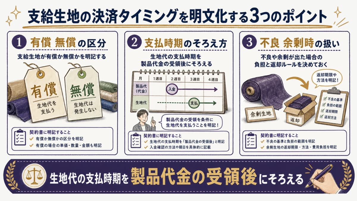 支給生地の決済タイミングを契約書に明文化する3つのポイント(有償/無償の区分・生地代の支払時期を製品代金の受領後にそろえる・不良や余剰が出た場合の負担と返却ルール)を示した図