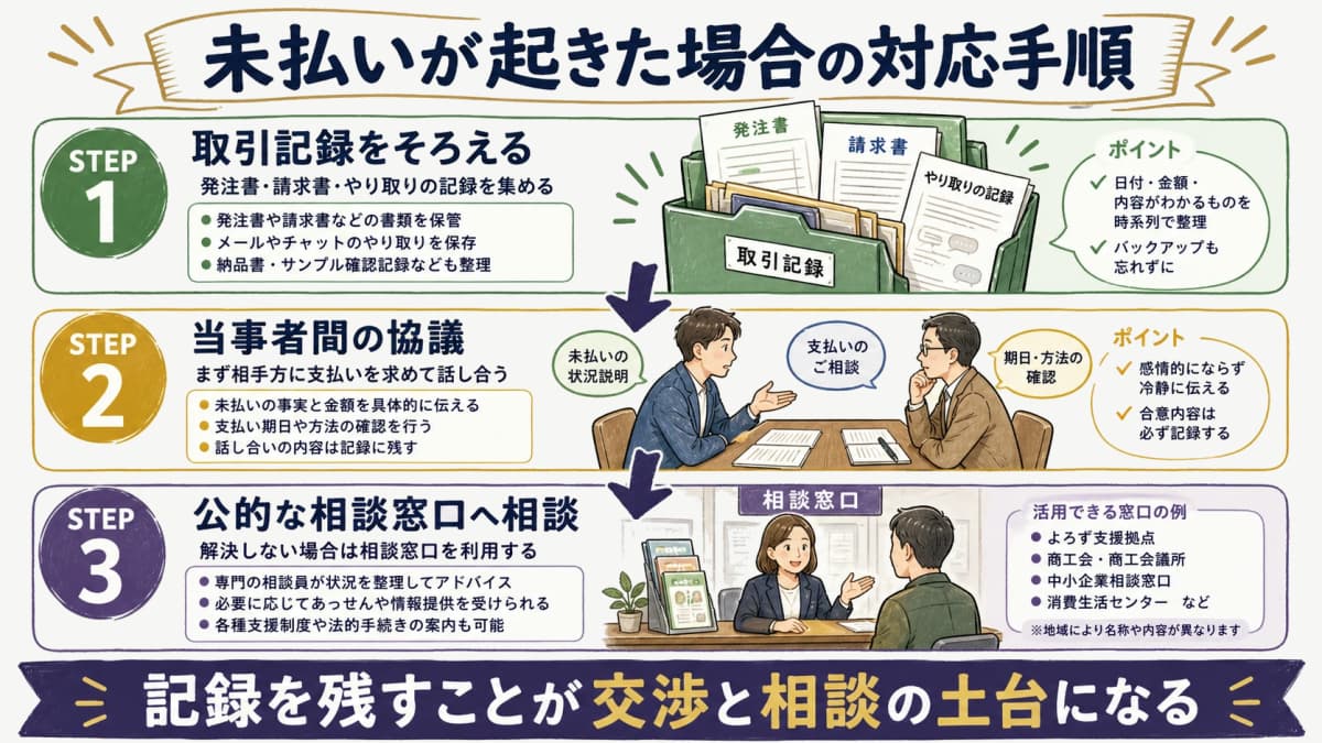 型代・サンプル代の未払いが起きた場合の対応手順フロー(取引記録をそろえる→当事者間の協議→公的な相談窓口への相談)を示した図