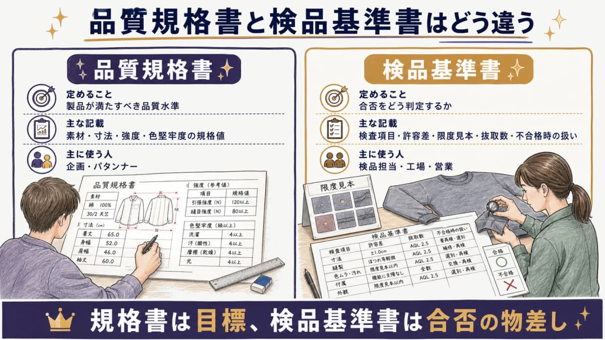 検品基準書と品質規格書の役割の違いを対比した早見図解