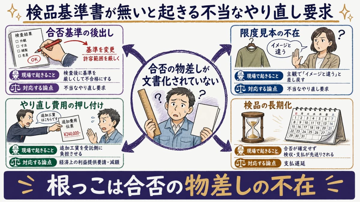 検品基準書が無い場合に不当なやり直し要求が発生する構造を示した図解