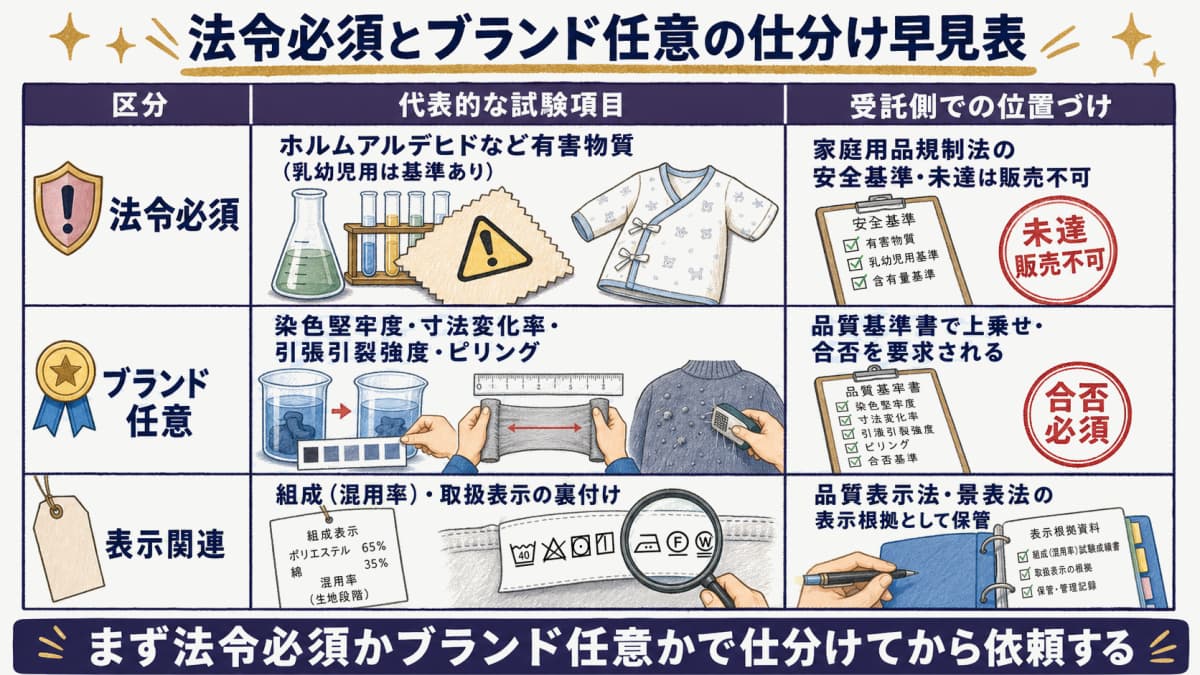 法令必須試験とブランド任意基準を仕分けた試験成績書の全体像
