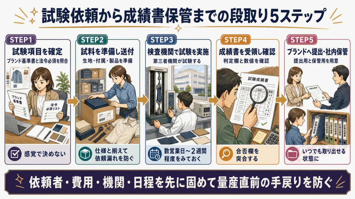 受託メーカーが第三者検査機関へ試験を依頼する段取りのフロー