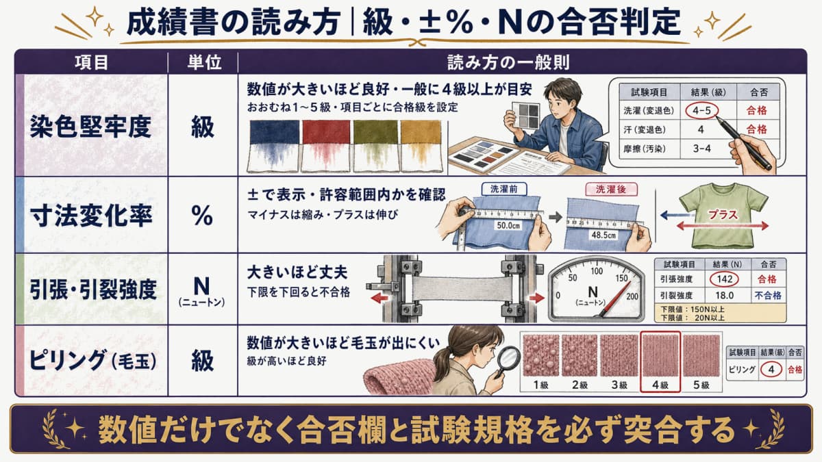 染色堅牢度の級と寸法変化率の読み方を示した試験成績書の判定欄