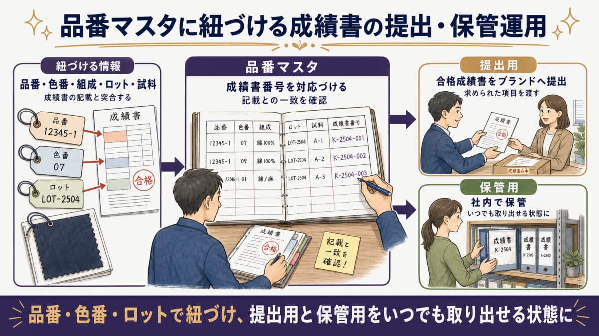 品番マスタに紐づけて試験成績書を提出・保管する受託メーカーの運用