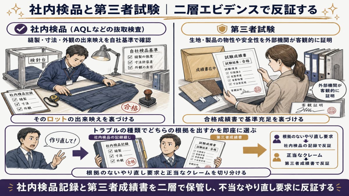 社内検品と第三者試験を二層で保管し、不当なやり直し要求に反証する受託メーカーの運用