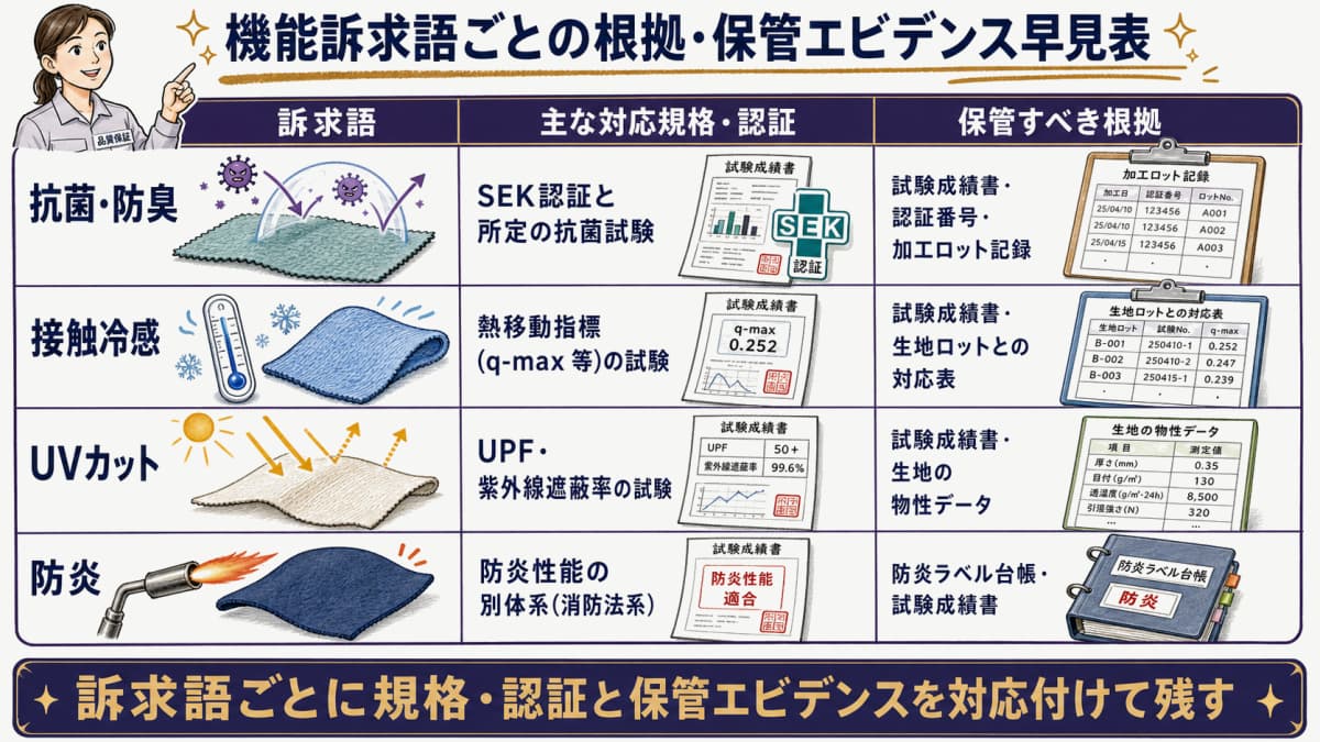 機能訴求語と対応する試験規格・保管エビデンスの早見表