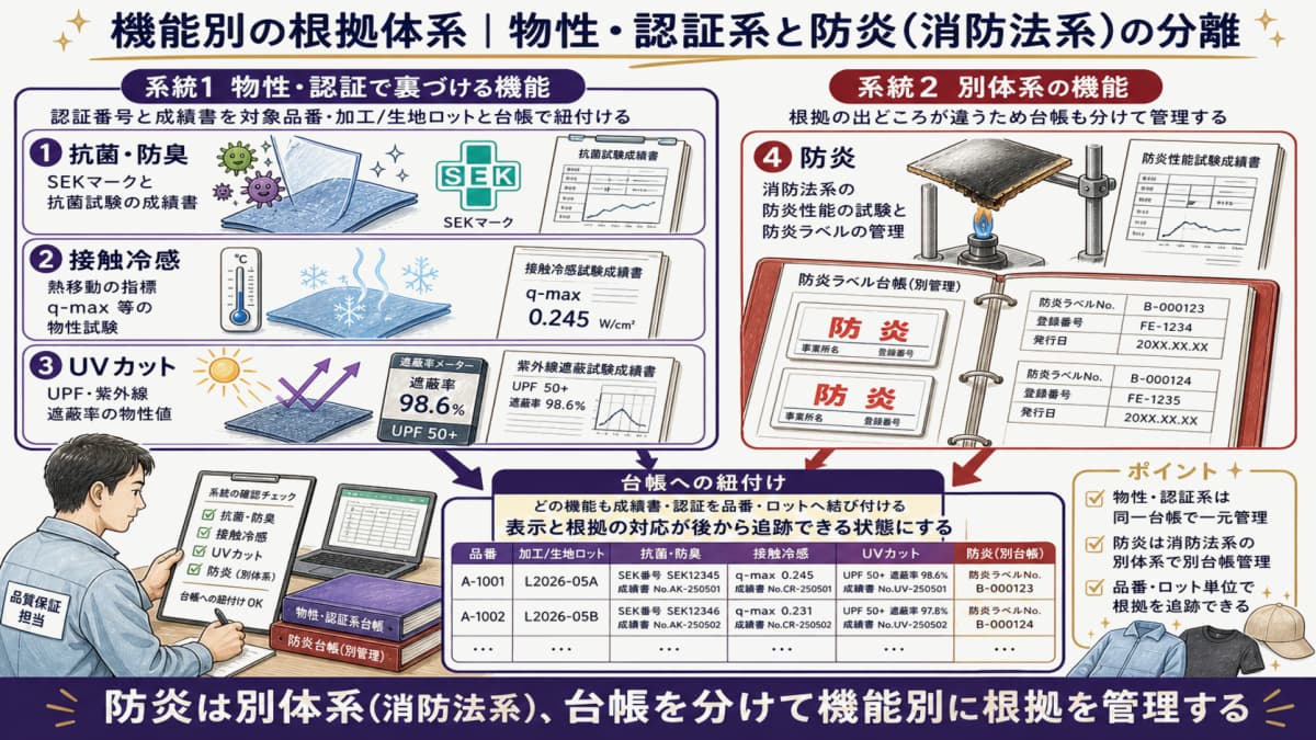 抗菌・接触冷感・UVカット・防炎の根拠体系を機能別に分けた対応図