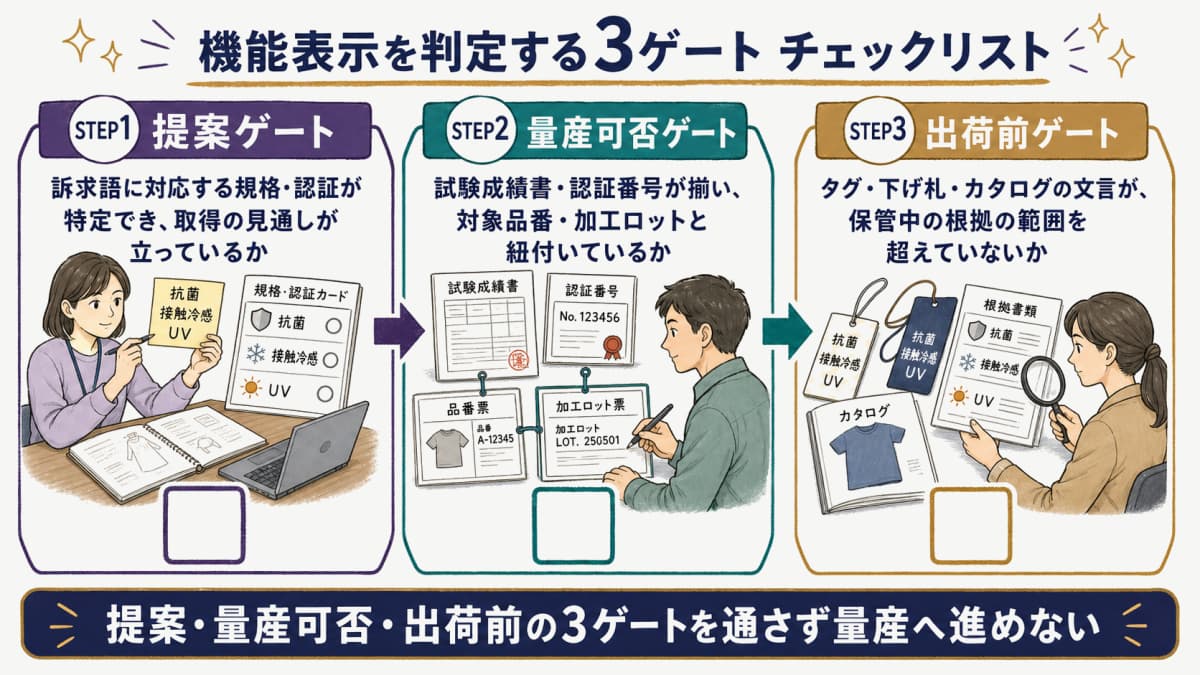 機能表示を提案・量産可否・出荷前の3ゲートで判定するチェックリスト図