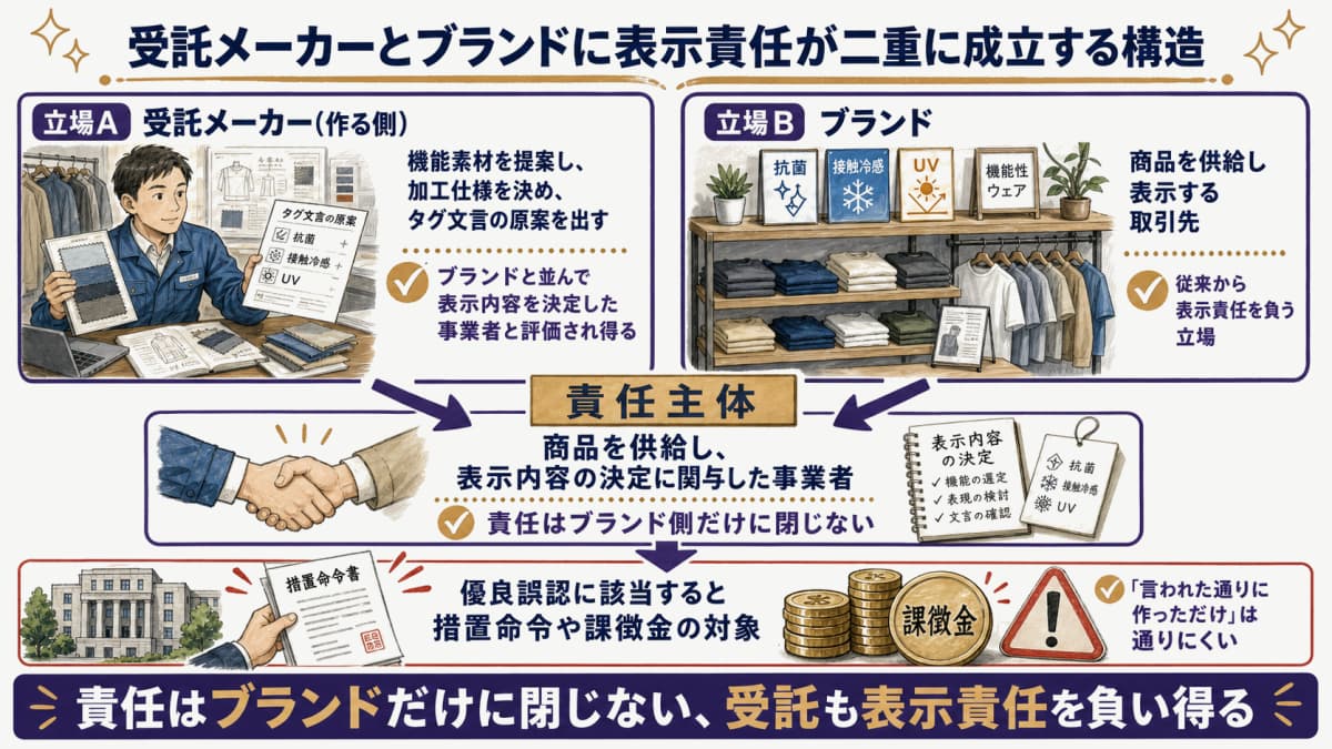 受託メーカーとブランドの表示責任が二重に成立する構造図