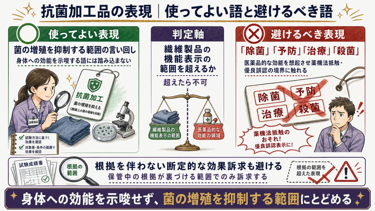 抗菌加工品で使ってよい表現と、薬機法に触れるため避けるべき表現を左右で対比した受託メーカー向けの図