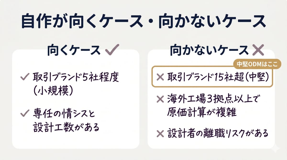 汎用ツール自作が向くケース(取引ブランド5社程度・専任情シスあり)と向かないケース(取引ブランド15社超・海外工場3拠点以上・離職リスク)を対比した図解
