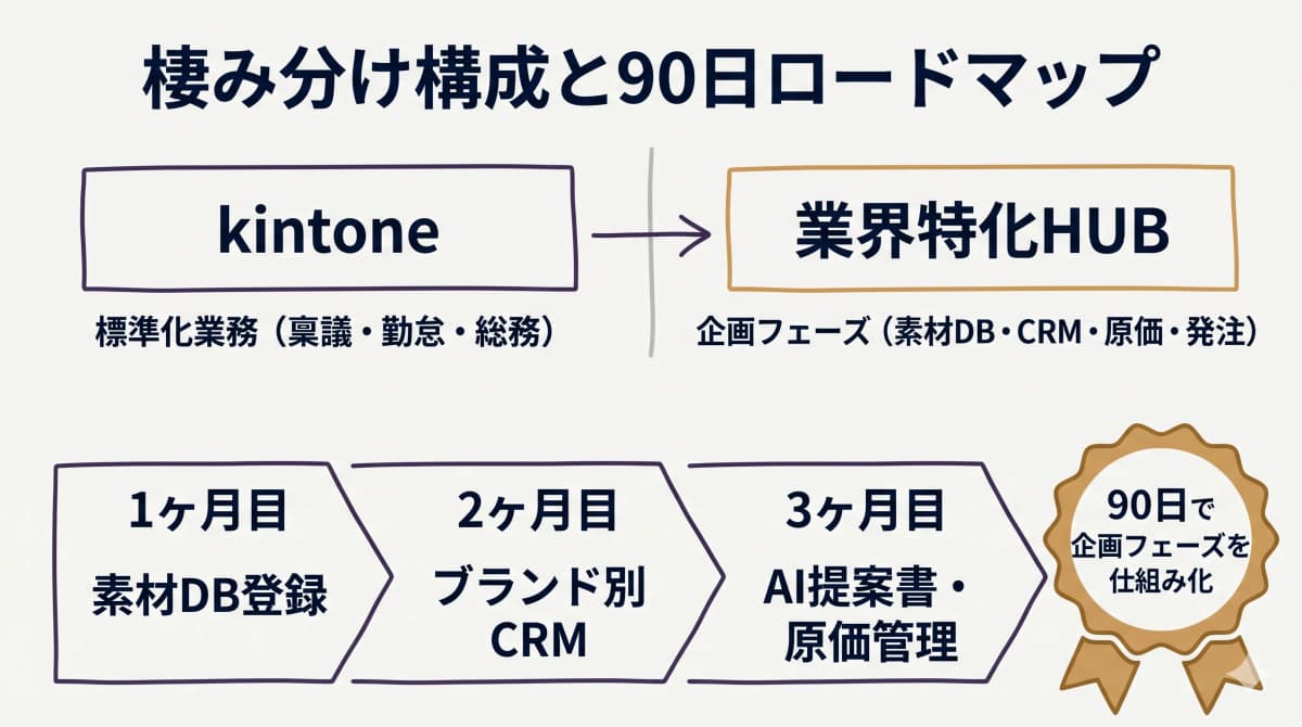 標準化業務はkintone・アパレル固有の企画からPO発行までは業界特化SaaSに棲み分ける併用構成と90日段階導入ロードマップを示した比較図