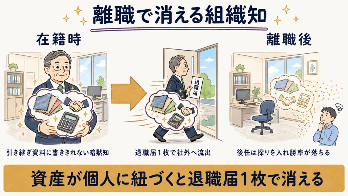 ベテラン担当者の離職とともに、個人に滞留していた組織知が会社から失われる構造を示した図