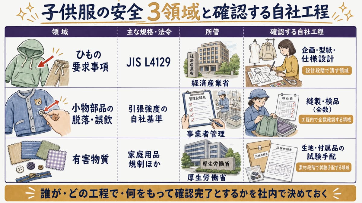子供服の安全規格3領域と自社工程の対応を示す早見表イラスト