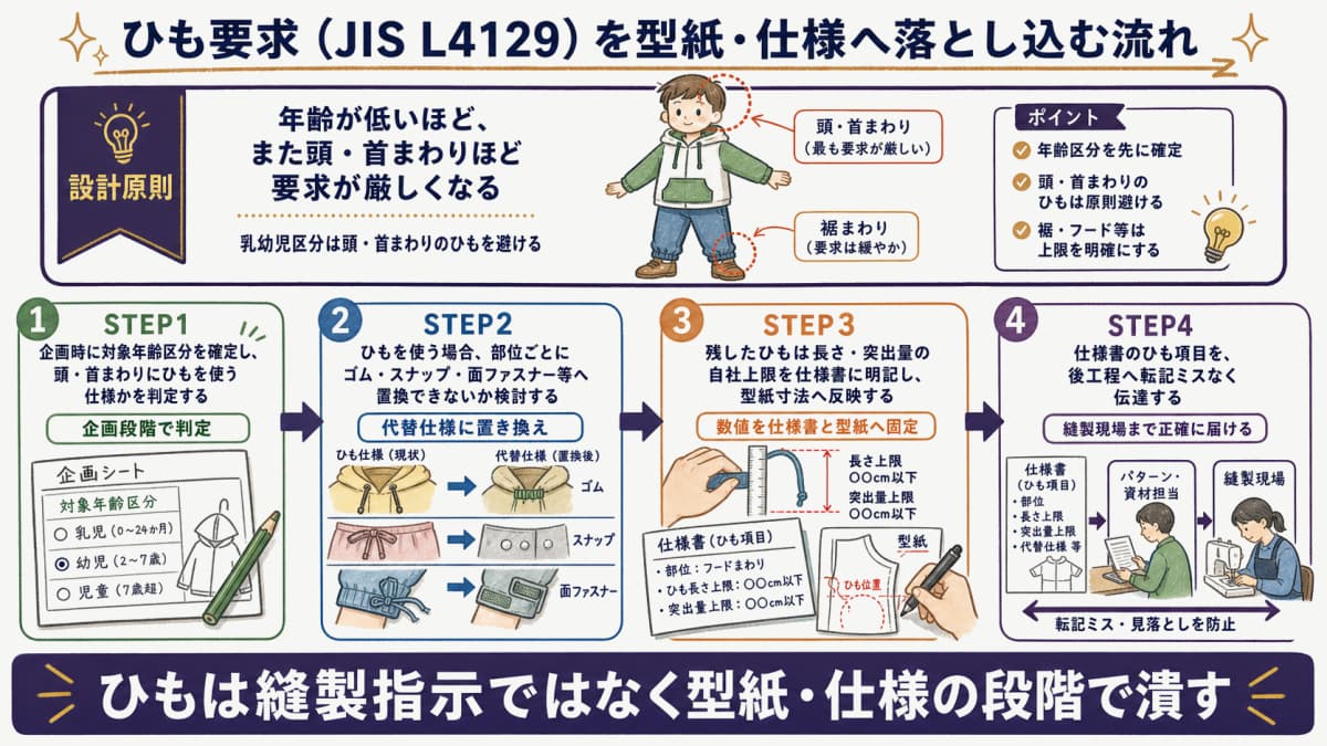 年齢区分と部位別にひも要求を整理し型紙へ落とし込む流れのイラスト