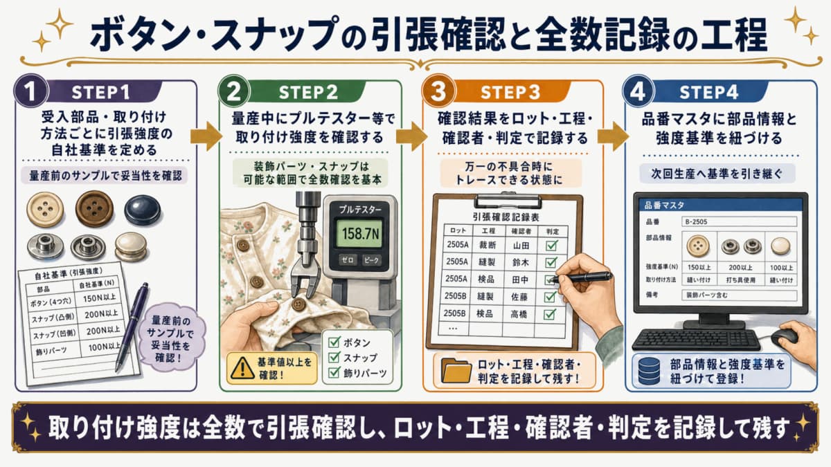 ボタン・スナップの引張確認と全数記録の工程を示すイラスト