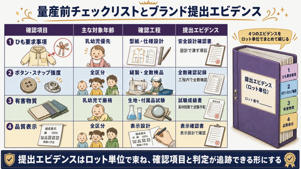 量産前チェックリストとブランド提出エビデンスの束ね方を示すイラスト