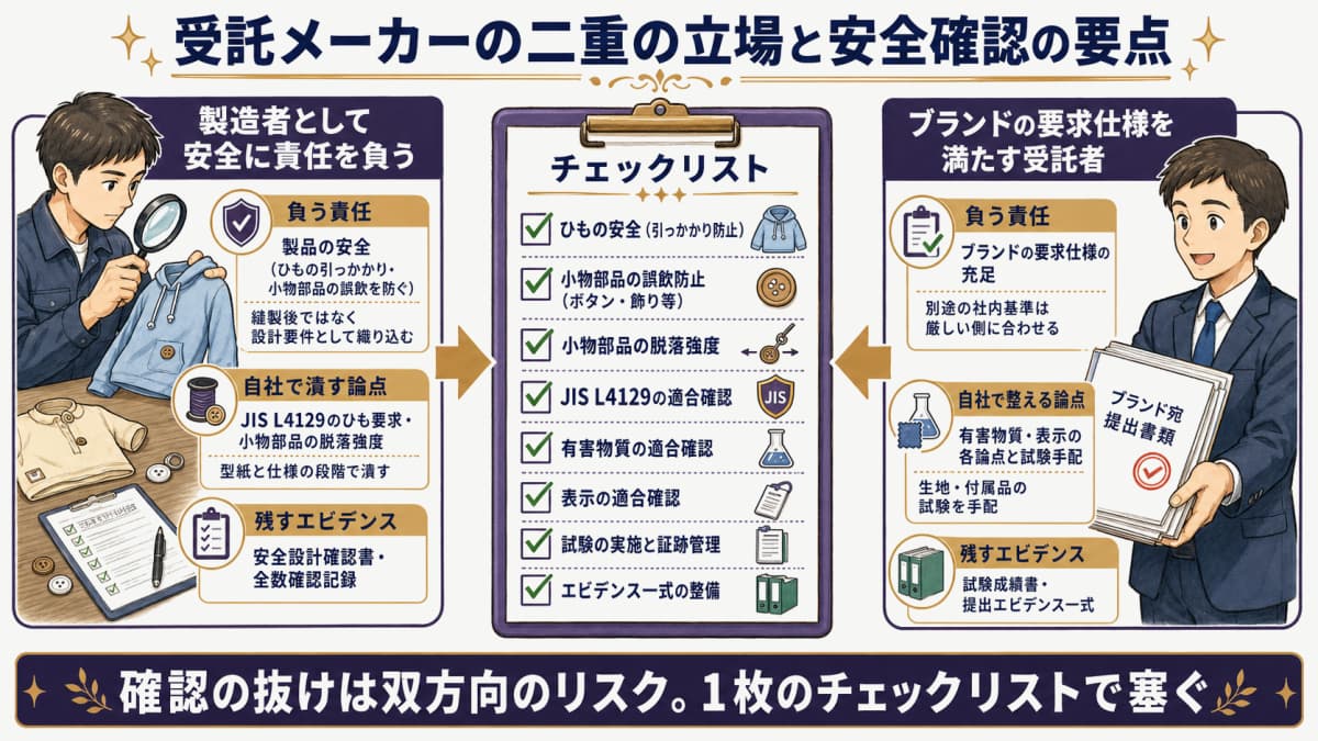 受託メーカーが製造者と受託者の二重の立場で、それぞれ負う責任・潰す論点・残すエビデンスを対比した図