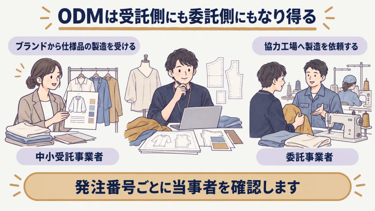 ブランド受注と協力工場への発注でODMの立場が変わる関係図