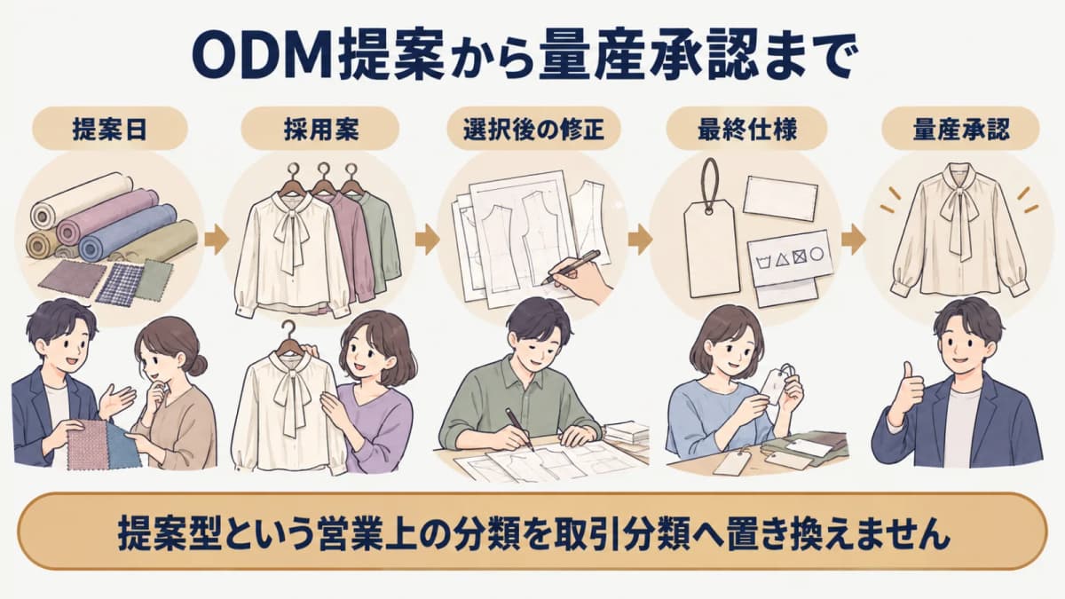 ODM提案から選択・仕様確定・量産承認へ進む確認フロー