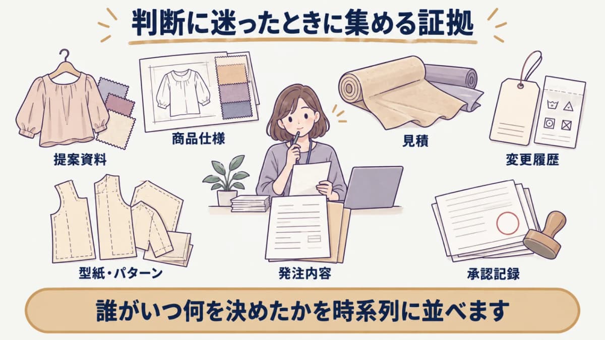 仕様・提案・見積・変更・承認の証拠を品番ごとに集める様子