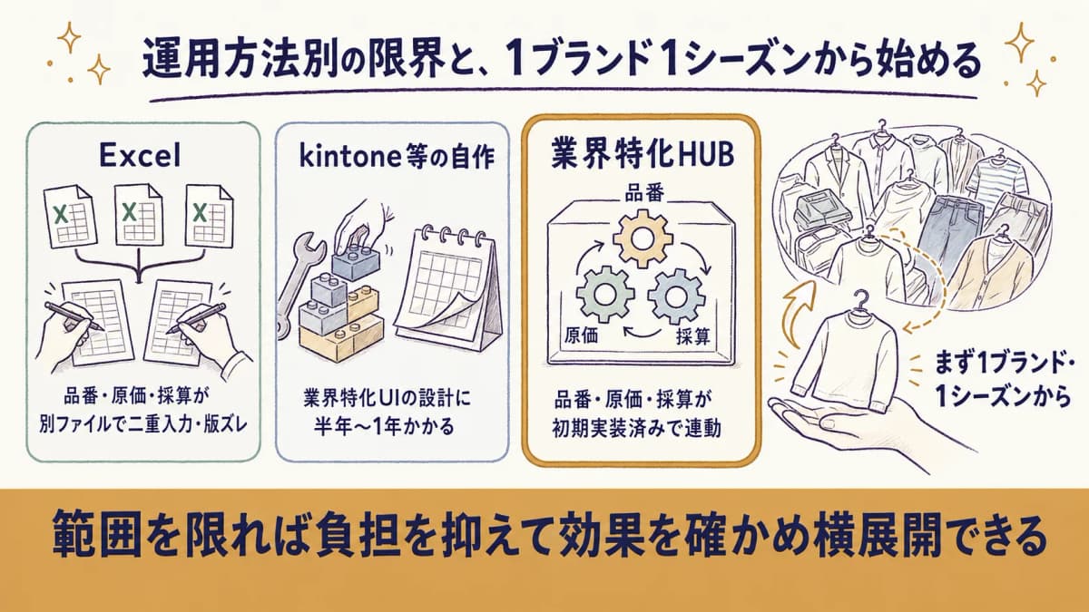Excelの二重入力・版ズレと汎用ツールの設計工数という限界を整理し、1ブランド1シーズンから始める進め方を示した図