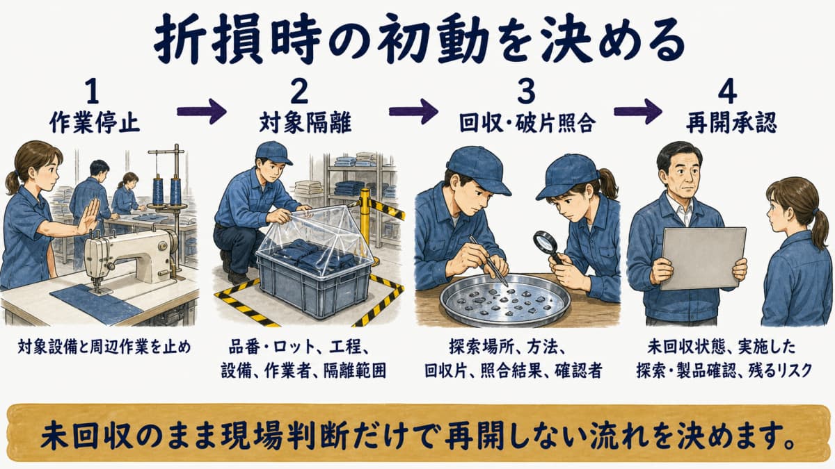 針折損時の停止・隔離・回収・破片照合・再開承認の図
