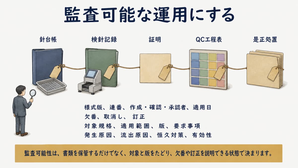 針台帳・検針記録・証明・QC工程表・是正処置を版履歴でつなぐ図