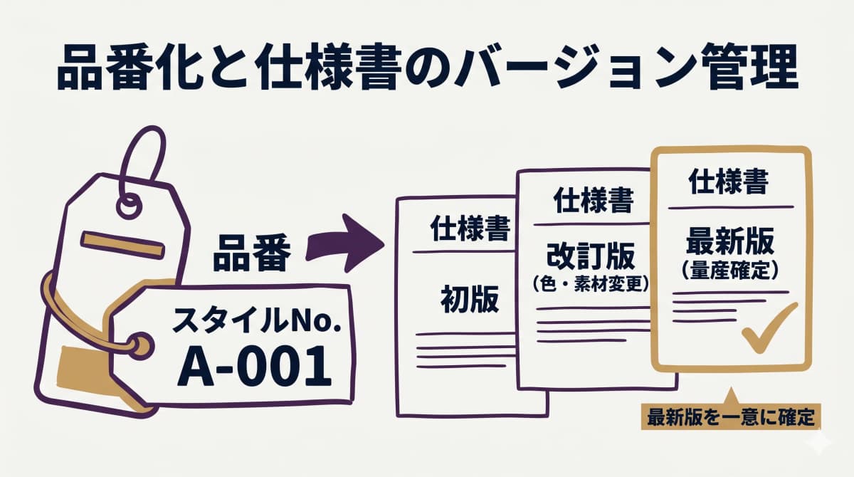 企画から提案・採用判断・品番化・量産発注までを示すODM受託メーカーの企画フロー図解(品番化と仕様書バージョン管理)