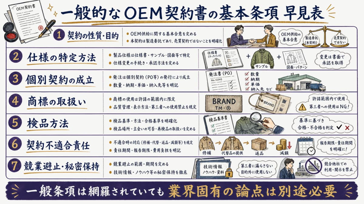 一般的なOEM契約書に含まれる7つの基本条項を整理した早見表の図解