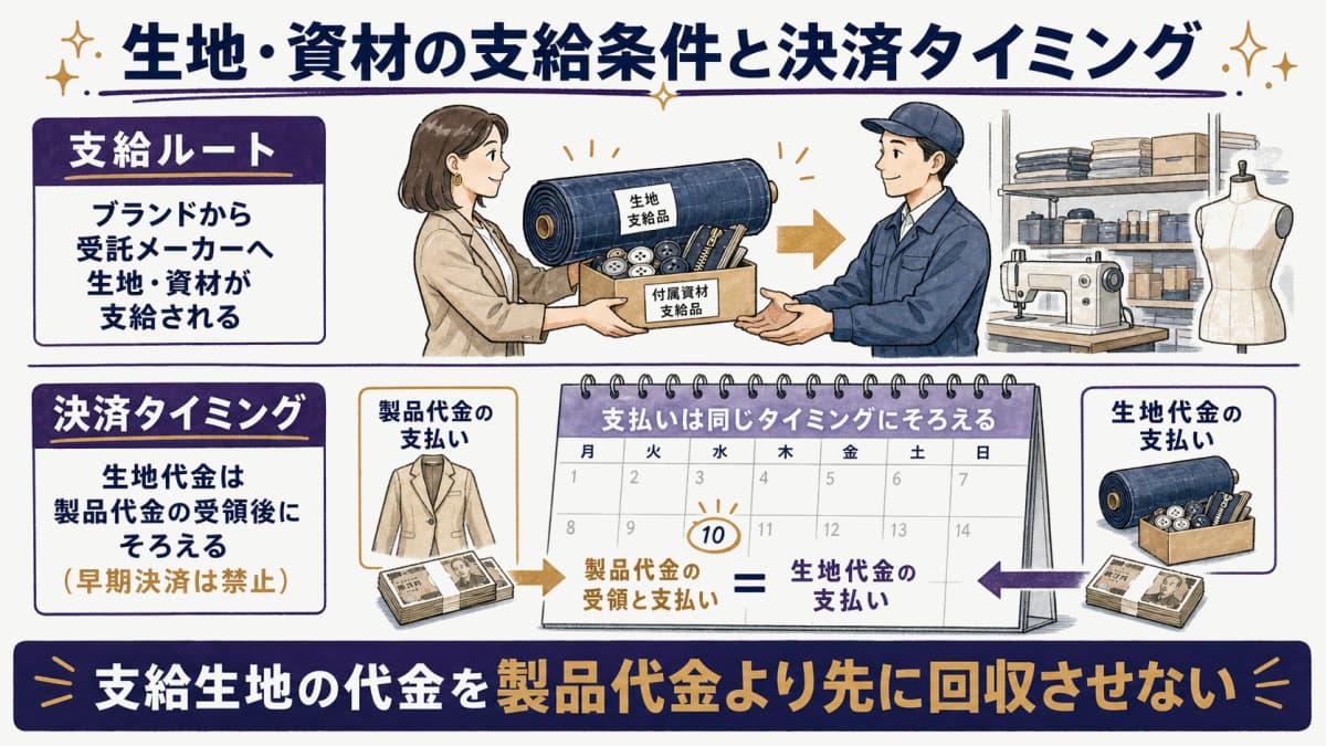 生地・資材の支給ルートと支給代金の決済タイミング(早期決済の禁止)を示す図解