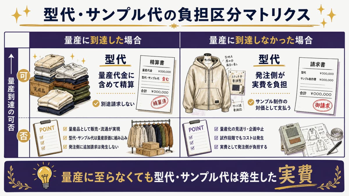 量産到達の可否別に型代・サンプル代の負担区分を示すマトリクスの図解