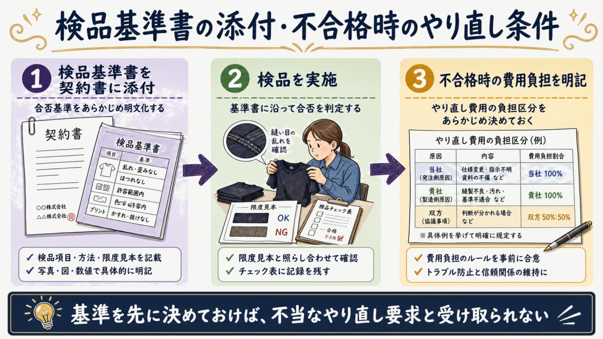 検品基準書の添付と不合格時のやり直し費用負担の流れを示すフロー図解
