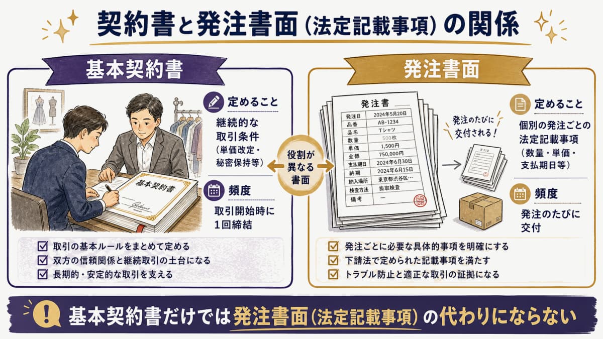 基本契約書(継続条件)と発注書面(個別・法定記載事項)の関係を示す図解