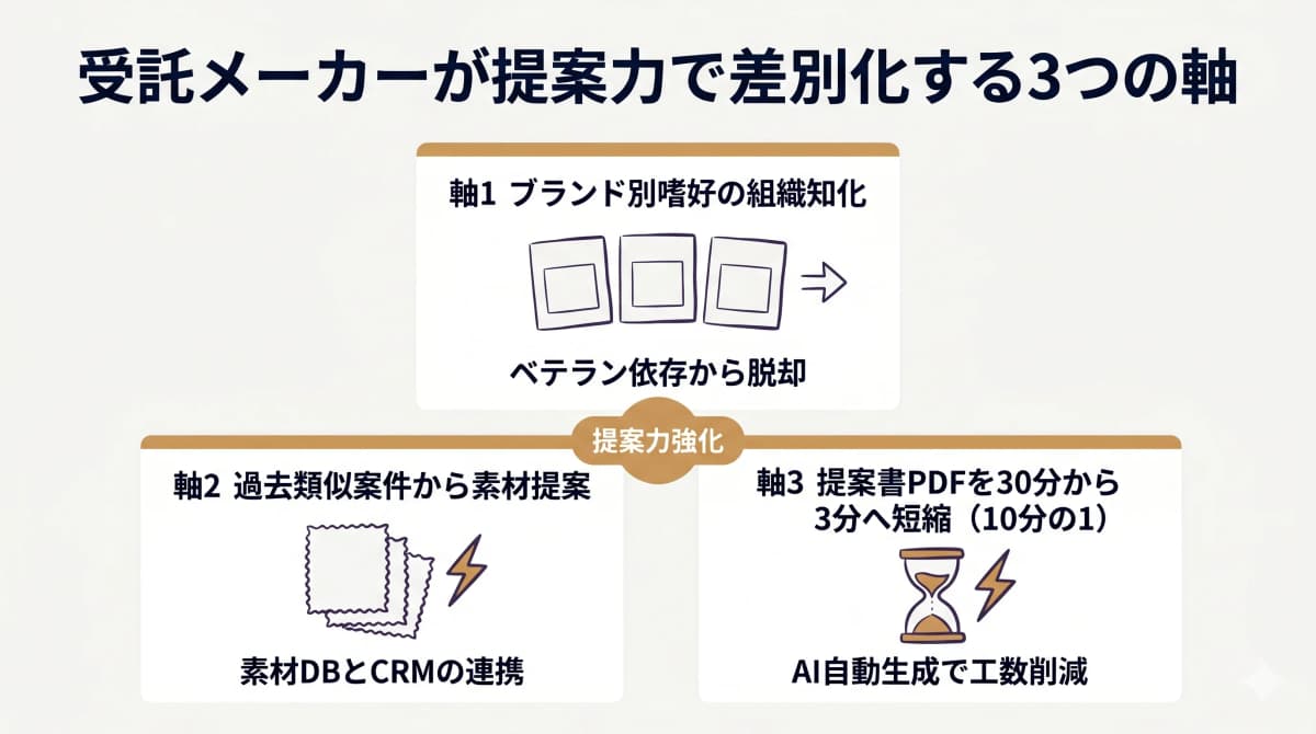 受託メーカーが提案力で差別化する3つの軸(嗜好DB化/類似案件提案/提案書高速化)