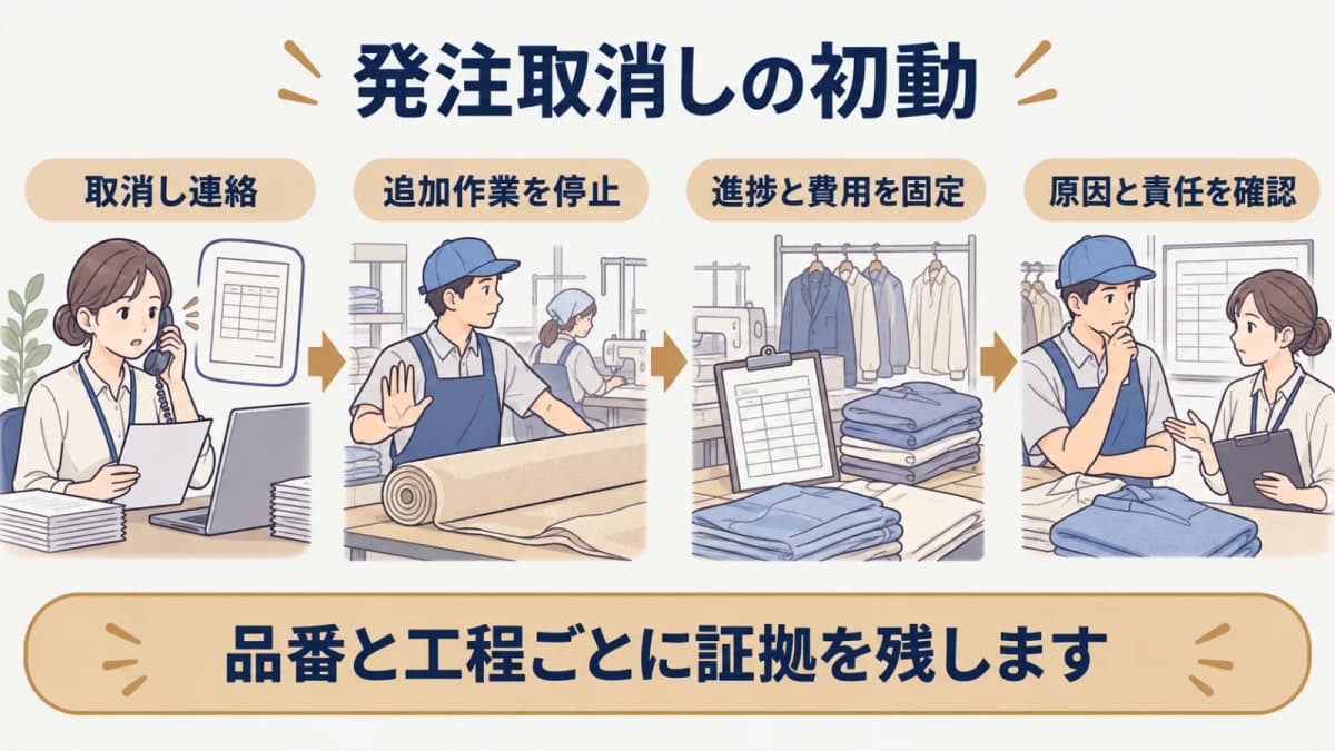 発注取消しの連絡から工程停止・費用確定・協議へ進む初動