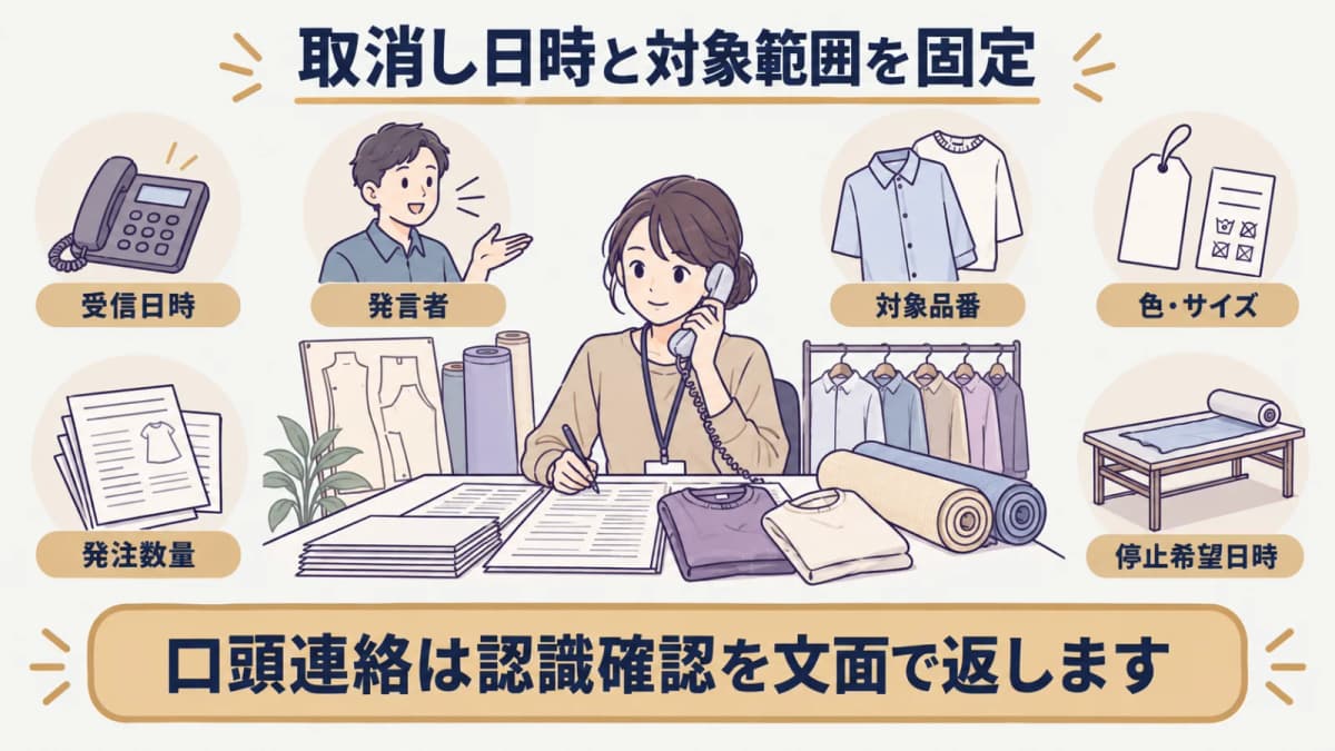 取消し日時・対象品番・数量・停止指示を文面で固定する記録