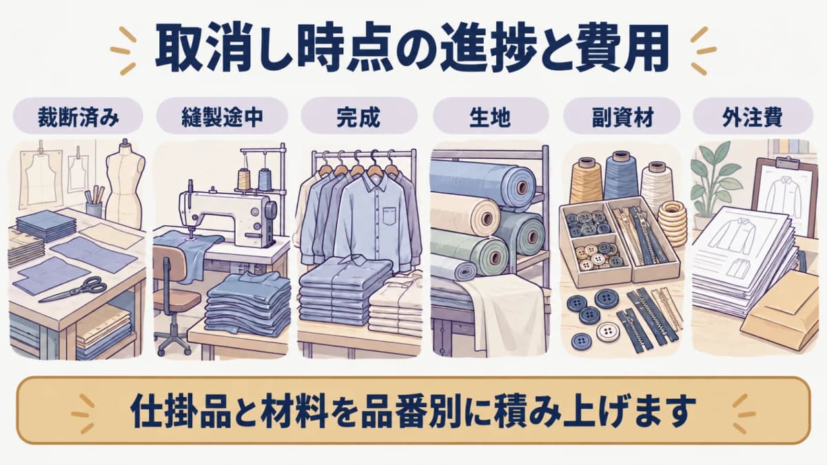 裁断済み生地・仕掛品・副資材・外注費を品番別に数える場面