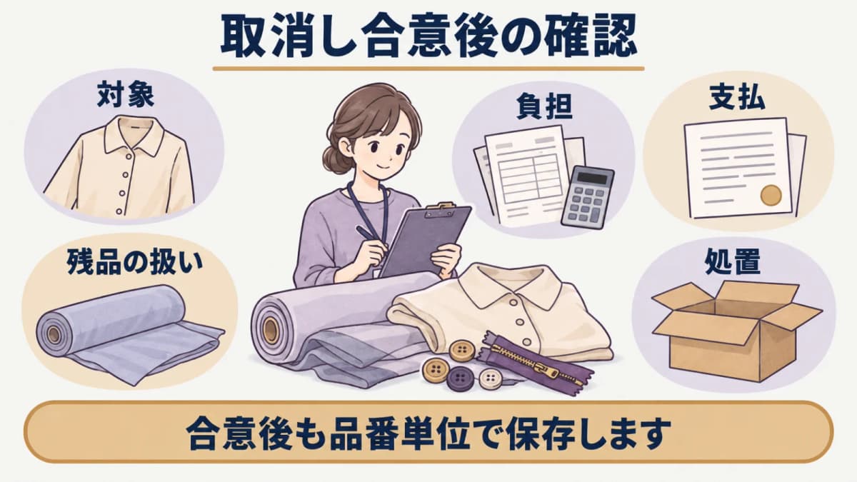 取消し合意後の請求・支払・残品処置を品番単位で確認する様子