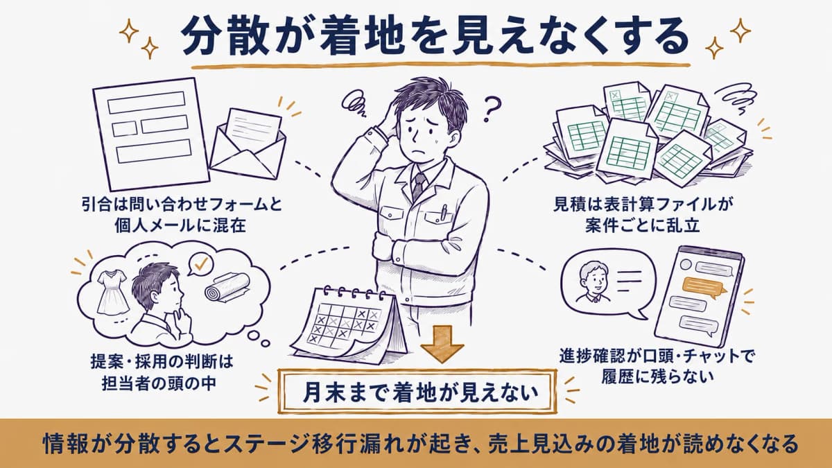 案件がメールやチャットに分散し、ステージ移行漏れで月末まで売上見込みの着地が見えなくなる構造を示した図
