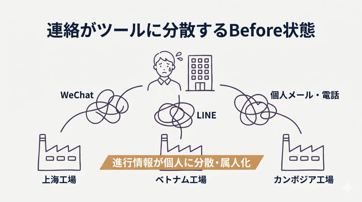 上海・ベトナム・カンボジアの各工場とWeChat・LINE・個人メール・電話がバラバラにつながり進行情報が分散している中堅アパレルODMのBefore状態の図解