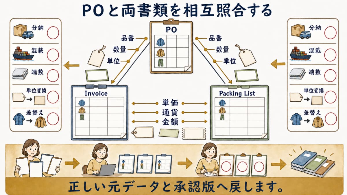 PO・インボイス・パッキングリストの三点照合図
