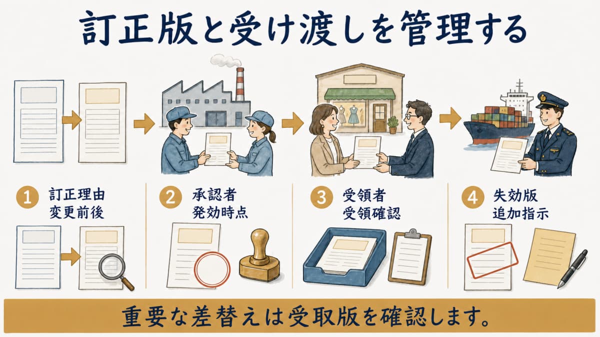 訂正版と受取先の承認履歴を管理する図
