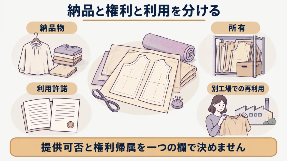 納品・所有・利用許諾・別工場での再利用を分ける関係図