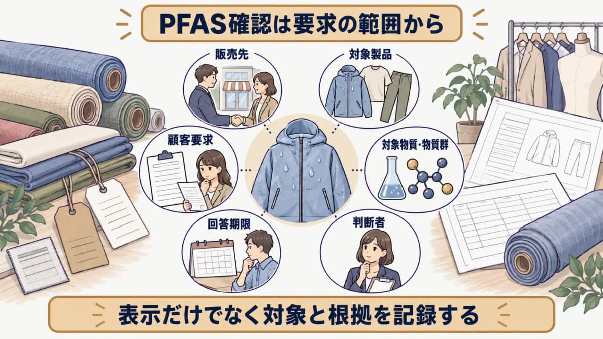 撥水加工品の顧客要求と法令と証拠範囲を分けて確認する図解