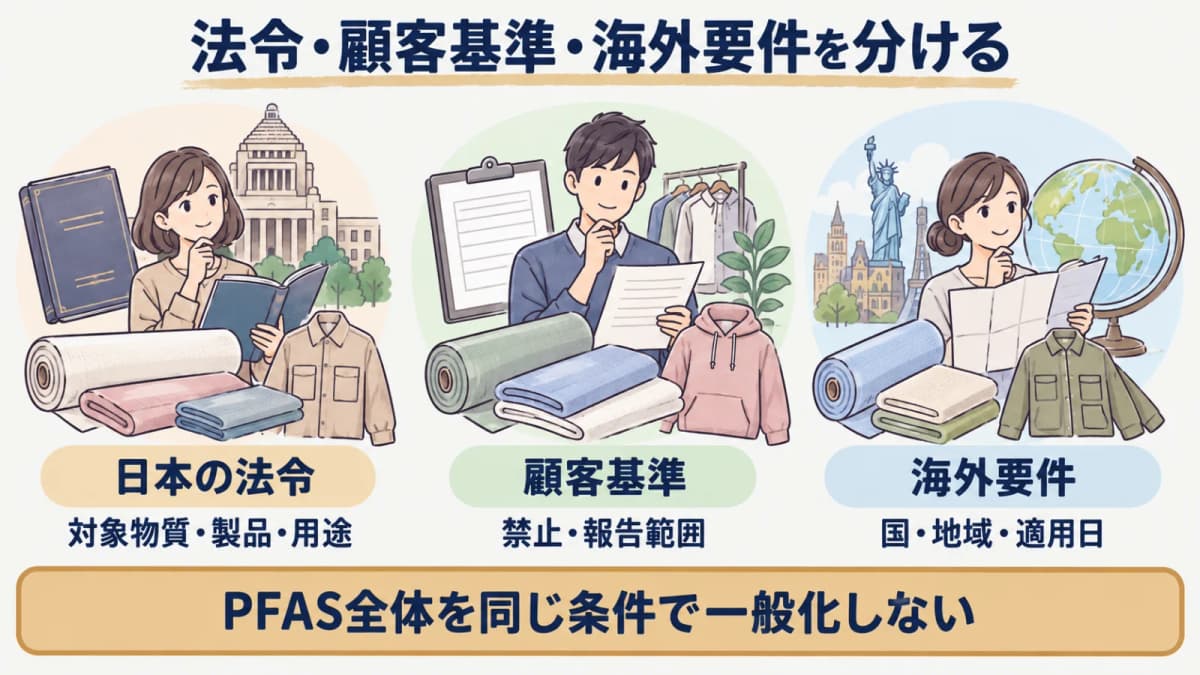 日本の法令と顧客基準と海外要件を別欄で管理する図解
