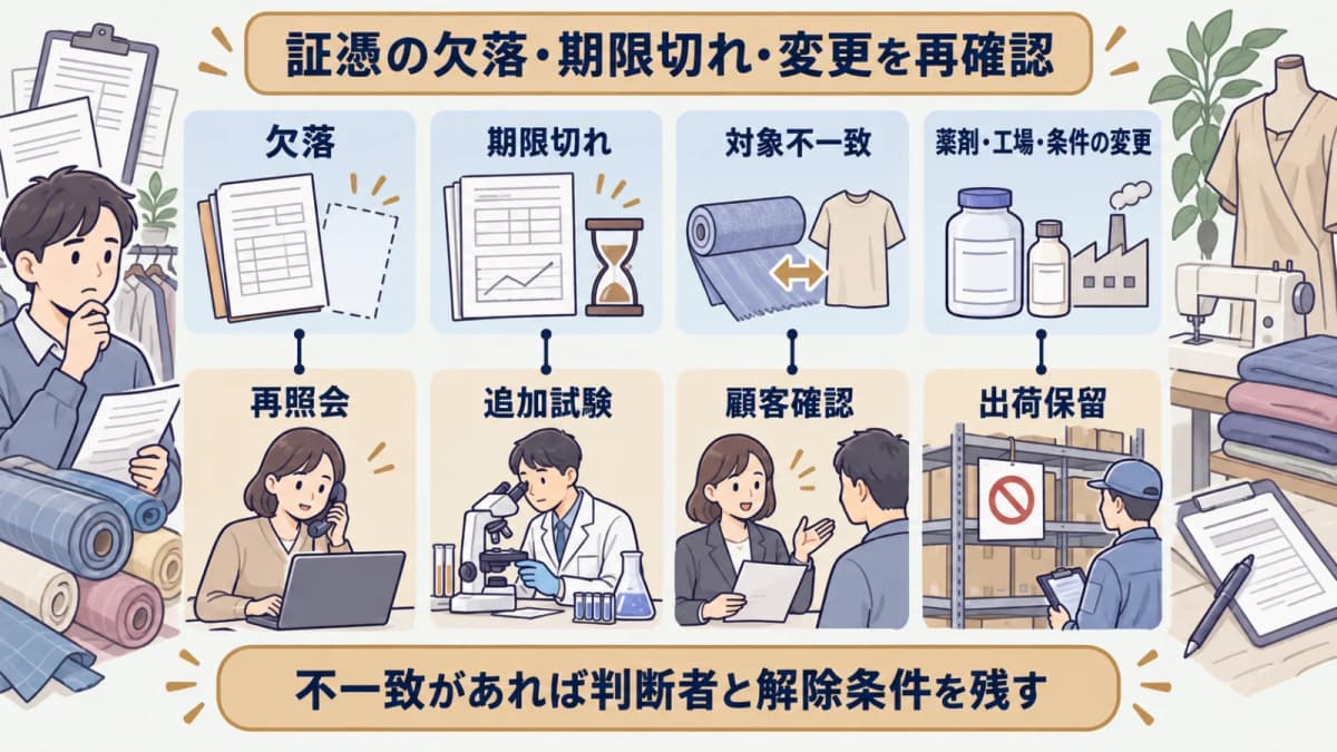 証憑の欠落や期限切れや加工変更から出荷保留を判断する図解