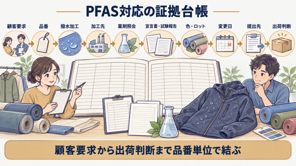 撥水加工品の品番と証憑と提出先と出荷判断を結ぶ台帳図解